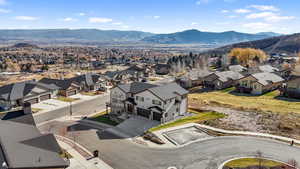Aerial view of residential area with mountains