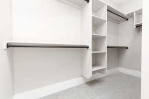 Walk in closet featuring light carpet