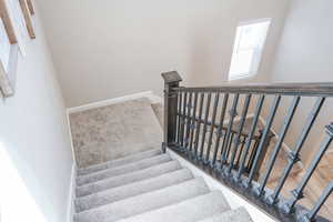 Staircase featuring baseboards and carpet floors