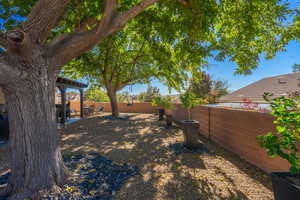 Fenced backyard featuring a patio
