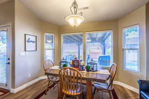 Dining area featuring healthy amount of natural light and dark wood-type flooring