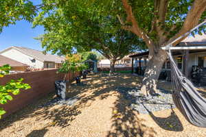Fenced backyard with a storage unit