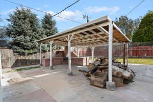 Fenced backyard with a patio