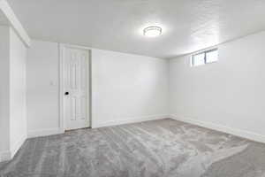 Below grade area with light carpet and a textured ceiling