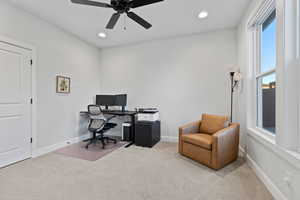 Bedroom featuring carpet floors, recessed lighting, and a ceiling fan