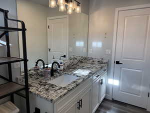 Bathroom featuring vanity and dark wood-style floors
