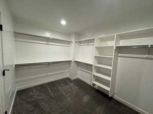 Walk in closet with dark colored carpet