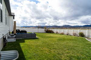 Full fenced yard with an apple tree, raspberry & strawberry plants