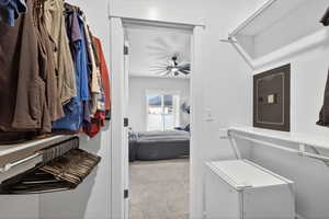 Primary walk-in closet featuring carpet floors