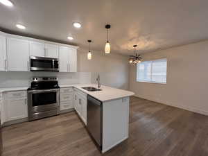 Kitchen featuring stainless steel appliances, a peninsula, white cabinetry, backsplash, and dark wood-type flooring