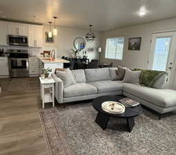 Living room with a textured ceiling, dark wood-type flooring, and recessed lighting