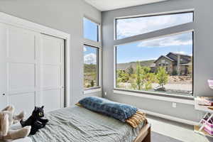 Carpeted bedroom with a mountain view and a closet