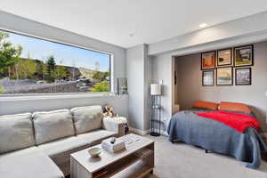 Carpeted bedroom with baseboards and recessed lighting