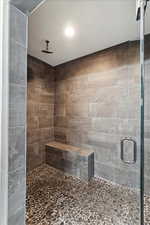 Full bath featuring a shower stall and recessed lighting
