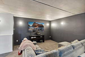 Carpeted cinema room with a textured ceiling and baseboards