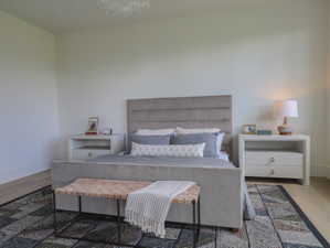 Spacious room featuring light wood-finish flooring, white baseboards, and a contemporary ceiling fixture