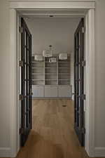 Corridor with french doors and light wood-type flooring