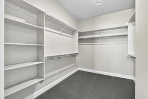 Walk in closet featuring dark colored carpet