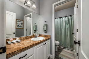 Bathroom with vanity, curtained shower, and dark wood-style flooring