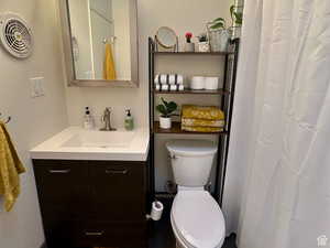 Full bathroom featuring curtained shower and vanity