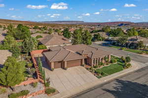 Aerial view of residential area with a mountainous background