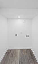 Washroom featuring wood finished floors, washer hookup, electric dryer hookup, and recessed lighting