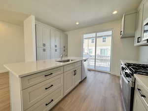 Kitchen featuring appliances with stainless steel finishes, light stone counters, an island with sink, light wood-style floors, and recessed lighting