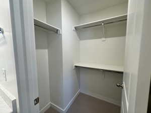 Walk in closet featuring dark carpet