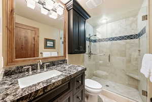 Full bathroom with vanity and a shower stall