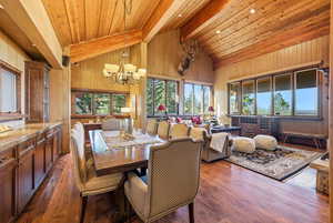Dining room featuring wood walls, dark wood finished floors, a chandelier, and wood ceiling