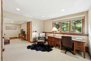 Office area with light colored carpet and recessed lighting