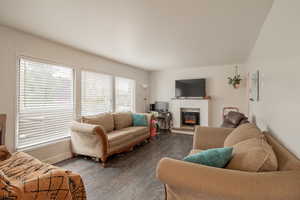 Living area featuring dark wood-style floors and a glass covered fireplace