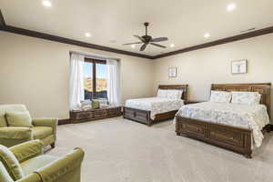 Bedroom featuring crown molding, light colored carpet, a ceiling fan, and recessed lighting