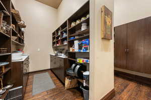 Office featuring dark wood-style flooring and a textured wall