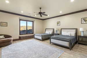 Bedroom with crown molding, a ceiling fan, light wood-style flooring, and recessed lighting