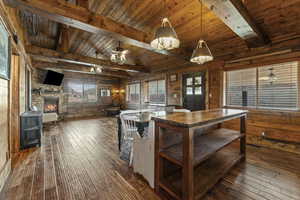 Kitchen with dark wood-style floors, pendant lighting, a wooden ceiling with exposed beams, a stone fireplace, and wood walls