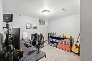 View of carpeted home office