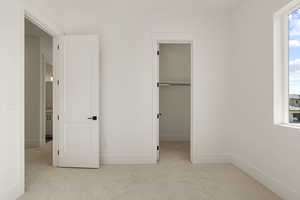 Unfurnished bedroom featuring a spacious closet, light colored carpet, and multiple windows