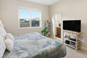 Bedroom with light colored carpet and ensuite bath