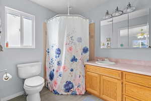 Bathroom with curtained shower, vanity, and wood finish floors