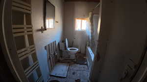Full bathroom featuring toilet and shower / tub combo with curtain