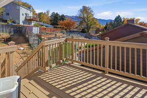 Wooden terrace with a mountain view and a fenced backyard