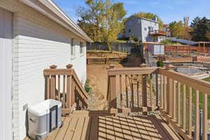 Wooden deck featuring a garden and a fenced backyard