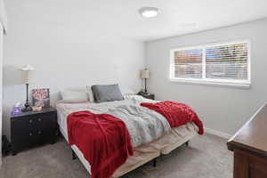 Bedroom featuring carpet floors and baseboards