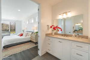Bedroom with recessed lighting and dark tile patterned floors