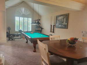Rec room featuring wallpapered walls, carpet, and pool table
