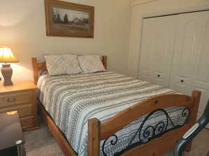 Bedroom featuring a closet and dark colored carpet