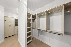 Walk in closet with light colored carpet