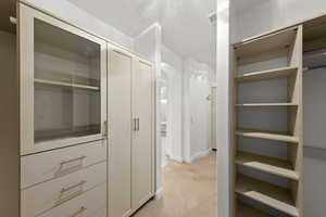 Walk in closet featuring light colored carpet and arched walkways