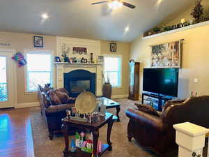 Updated carpet, gas fireplace, lofted ceiling, and ceiling fan.